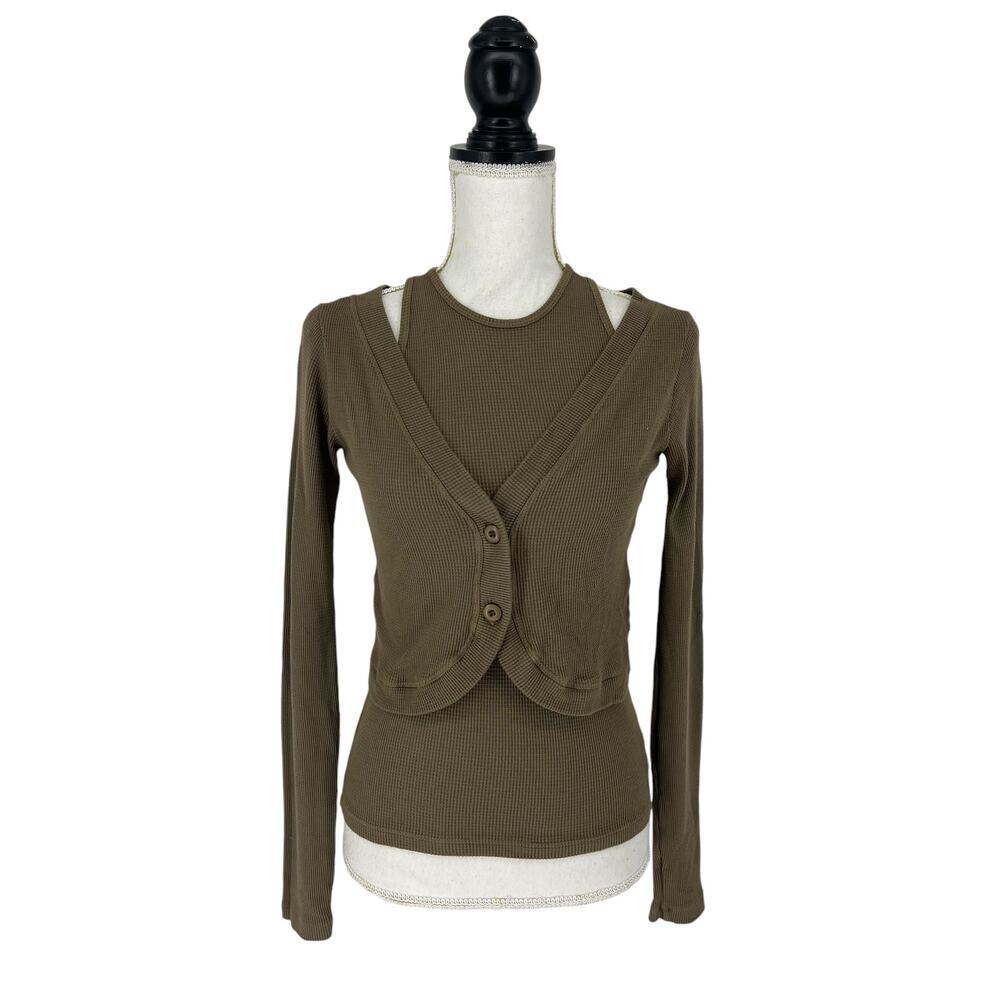 Monrow Baby Thermal Double Layer Cardi Top in Stone Green - Picture 2 of 11